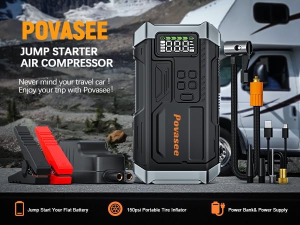5000A Jump Starter with Air Compressor, Battery Jumper Starter car Battery Jump Starter povasee Portable Jump Starter (Up 9L Gas/8L Diesel Engine