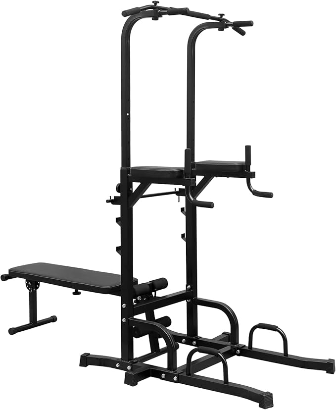 Pull Up Bar Station Adjustable Power Tower for Home Gym Strength Training Dip Stands with Bench