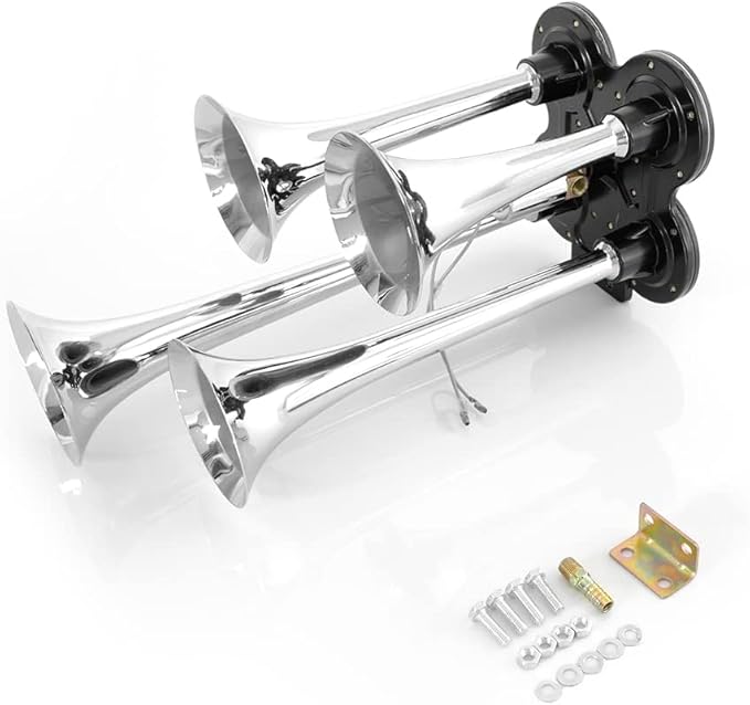150DB 4 Trumpet Truck Air Horn Kit, Universal 12V/24V Loud Horn for Car, Train, Boat, Heavy Duty Vehicle Upgrade