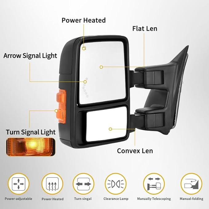 DWVO Towing Mirrors Compatible with 2008 2009 2010 2011 2012 2013 2014 2015 2016 Ford F250/F350/F450/F550 Super Duty, Left & Right Tow Mirrors with LED Signal & Power Heated, Black