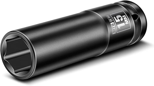 MTO 1/2" Drive 15mm Deep Impact Socket, 6 Pt. Metric Socket, CR-MO Steel & Anti-Corrosion Coating for Heavy-Duty Use