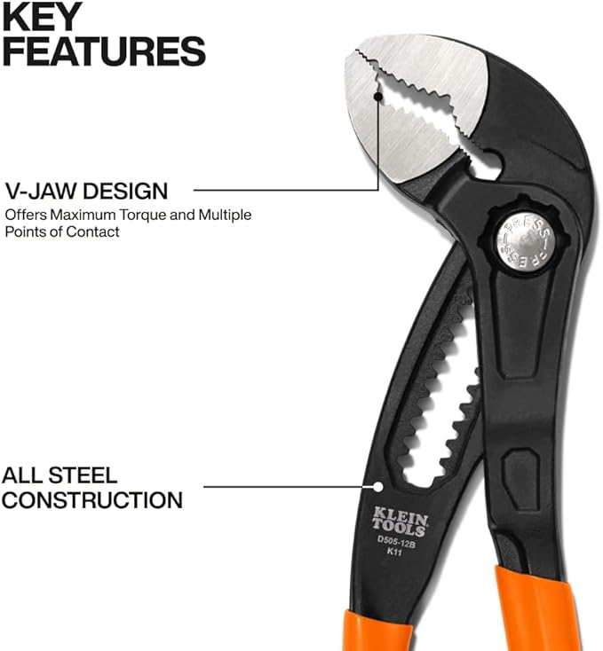 Klein Tools D50512B 12-Inch Adjustable Pliers, Quick-Adjust Klaw Pump Pliers, V-Jaw, Hardened Teeth for Maximum Torque