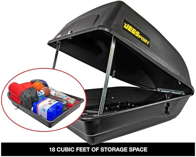 JEGS Rooftop Cargo Carrier for Car Storage - Large Roof Rack Cargo Carrier - Front Hinge/Rear Lock - Rear Opening Weatherproof Storage - Made in USA - 18 Cubic Ft - 110 Lb Capacity - Aero Design