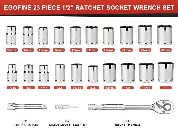 Egofine 1/2" Drive Socket Set, 23 Piece Standard SAE (7/16 to 1 inch) and Metric (13-19, 21, 22, 24mm) 6 Point, with Quick Release Ratchet, Extension Bars, Drive Drill Adapter