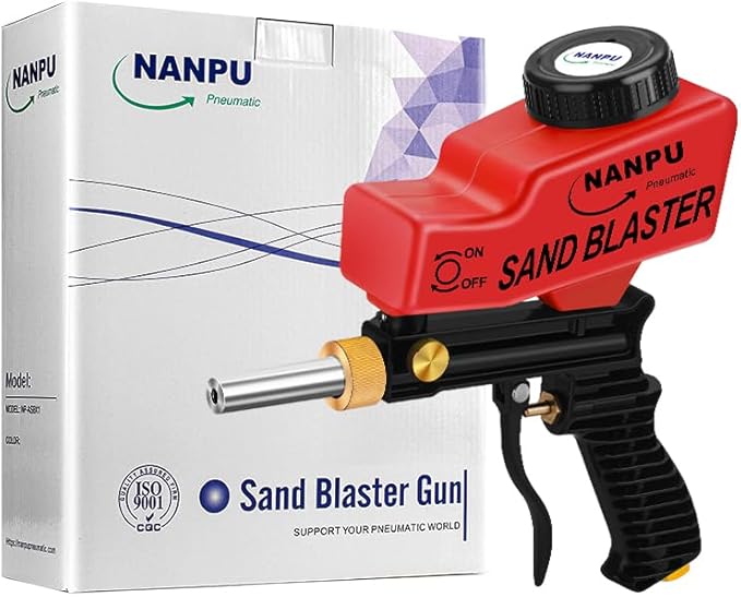 NANPU Air Sand Blaster Gun with Gravity Feed - Metal Nozzle, Plastic Body | for Paint, Rust Removal, and Glass Etching | Versatile for Aluminum, Sand, Walnut Shells, and Soda Blasting Applications