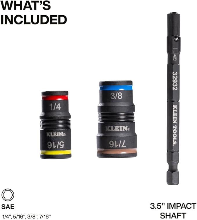 Klein Tools 32932 5-in-1 SAE Impact Socket Set, 2 Flip Sockets with 1/4, 5/16, 3/8, 7/16 Nut Driver Sizes and 1/4-Inch Bit Holder, Impact Rated 3-1/2-Inch Shaft