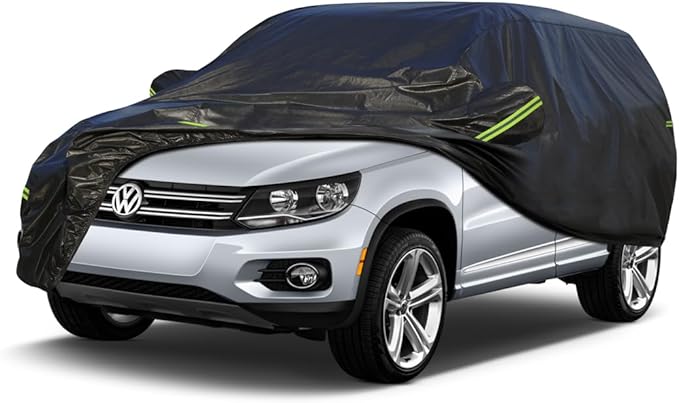 KouKou Waterproof SUV Car Cover Suitable for VW Tiguan from 2007 to 2020, 7 Layers Windproof All Weather Waterproof Outdoor Cover Sun Rain UV Dust Snow Protection. Black
