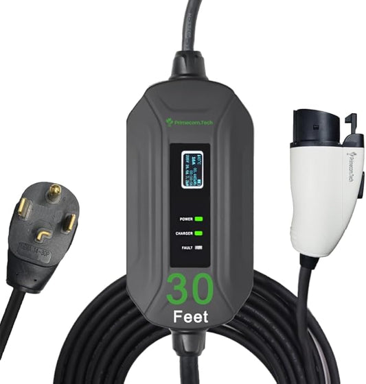 PRIMECOM Level 2 Electric Vehicle (EV) Charger (220V / 240Volt, 16Amp) Portable EVSE Smart Electric Car Charger, 30', 40', and 50 Feet Lengths (30 Feet, 14-30P)