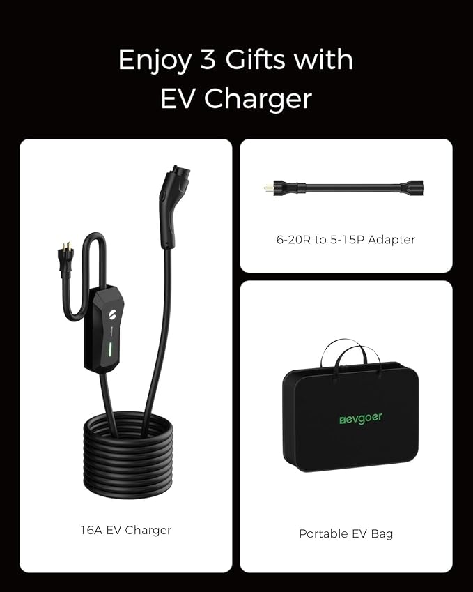 Level 1/2 EV Charger, 16A 110-240V Portable EV Charger with 25FT Cable, Home Electric Vehicle Charging Stations with NEMA 6-20 Plug NEMA 5-15 Adapter for All J1772 EVs