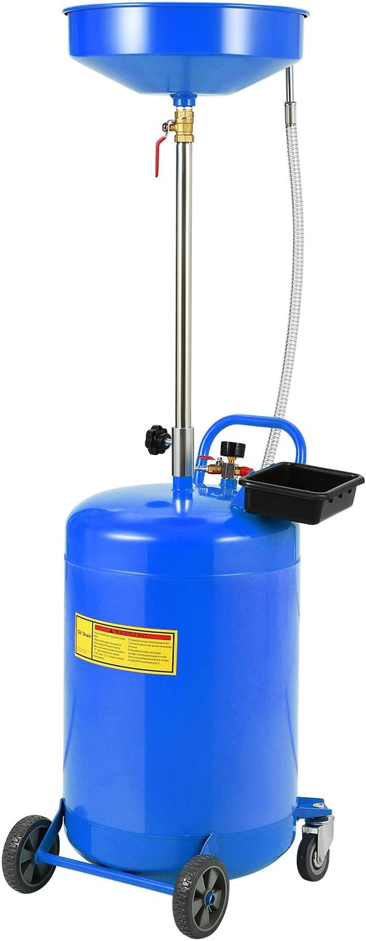 20 Gallon Waste Oil Drain Tank Portable Air Operated Oil Drainer with Adjustable Funnel Height 38-65 Inches 15 Inch Funnel Fluid Fuel Transfer Drain Container with 360 Degree Wheels and Toolbox Blue