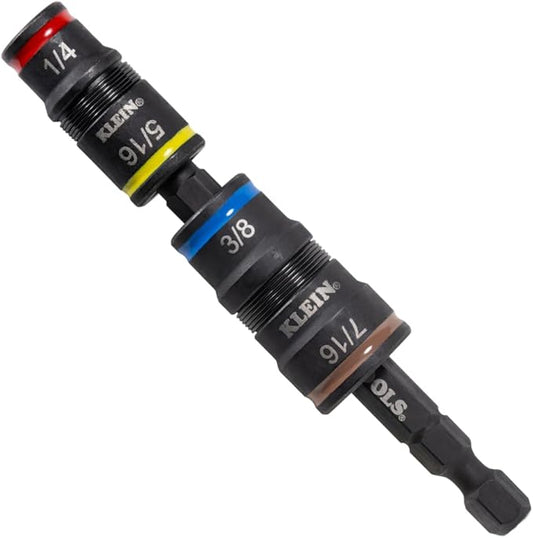 Klein Tools 32932 5-in-1 SAE Impact Socket Set, 2 Flip Sockets with 1/4, 5/16, 3/8, 7/16 Nut Driver Sizes and 1/4-Inch Bit Holder, Impact Rated 3-1/2-Inch Shaft