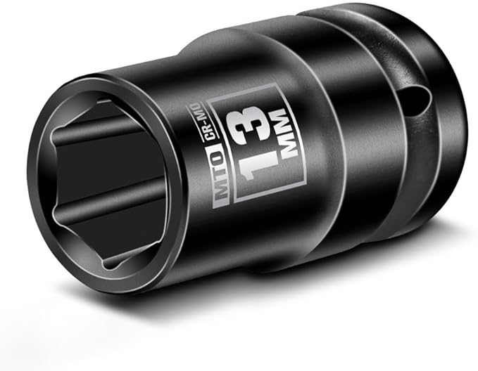 MTO 1/2" Drive 13mm Shallow Impact Socket, 6-Point Metric Socket, CR-MO Steel & Anti-Corrosion Coating for Tight Spaces and Heavy-Duty Tasks