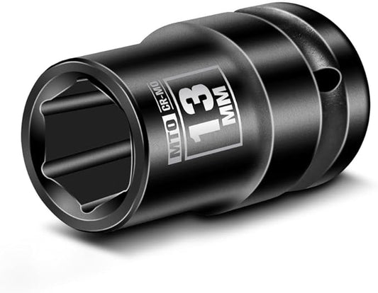 MTO 1/2" Drive 13mm Shallow Impact Socket, 6-Point Metric Socket, CR-MO Steel & Anti-Corrosion Coating for Tight Spaces and Heavy-Duty Tasks