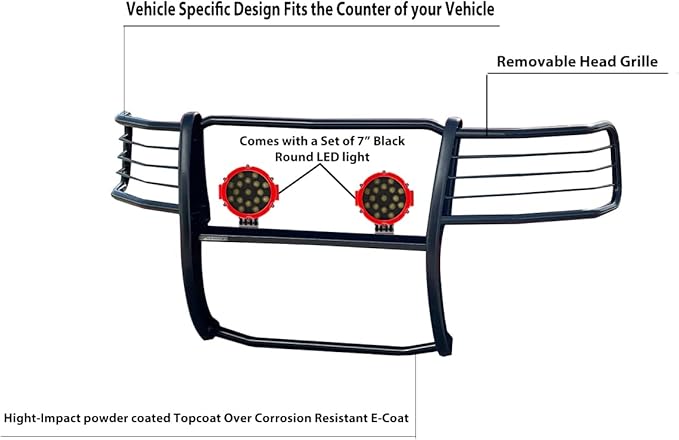 Black Horse Grille brush Bumper Guard Modular Black Come With pair of 7.0"Dia.LED Lights with Red Trim Rings Compatible with 2004-2008 Ford F-150-17FP28MA-PLR