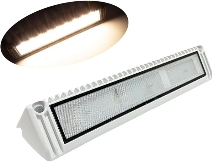 RV LED Porch Exterior Utility Lights, 13 inch Down Angle Flood Beam Awning Light, 3000K Warm-White 12V/24V DC 2700 Lumen, White Finish Aluminum Housing, for RVs Trailers Campers, 1 Pack