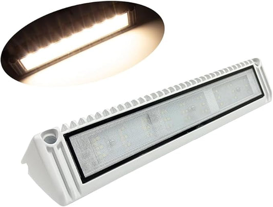 RV LED Porch Exterior Utility Lights, 13 inch Down Angle Flood Beam Awning Light, 3000K Warm-White 12V/24V DC 2700 Lumen, White Finish Aluminum Housing, for RVs Trailers Campers, 1 Pack