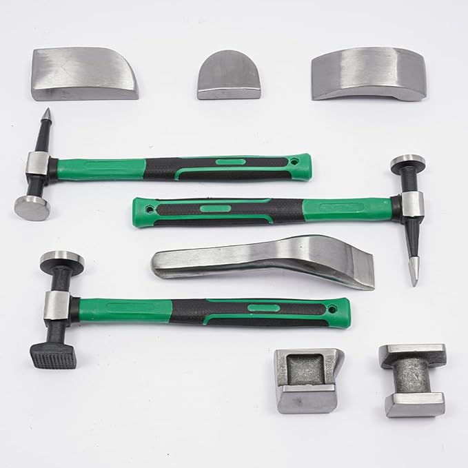 CNCEST 9 Pcs Auto Body Hammer and Dolly Kit, Fender Repair Tool Dent Remover Tool Dent Remover Tool w/Hammer and Dolly, Car Sheet Metal Shaping Movable Auto Body Repair Tool Hammer Dolly Set