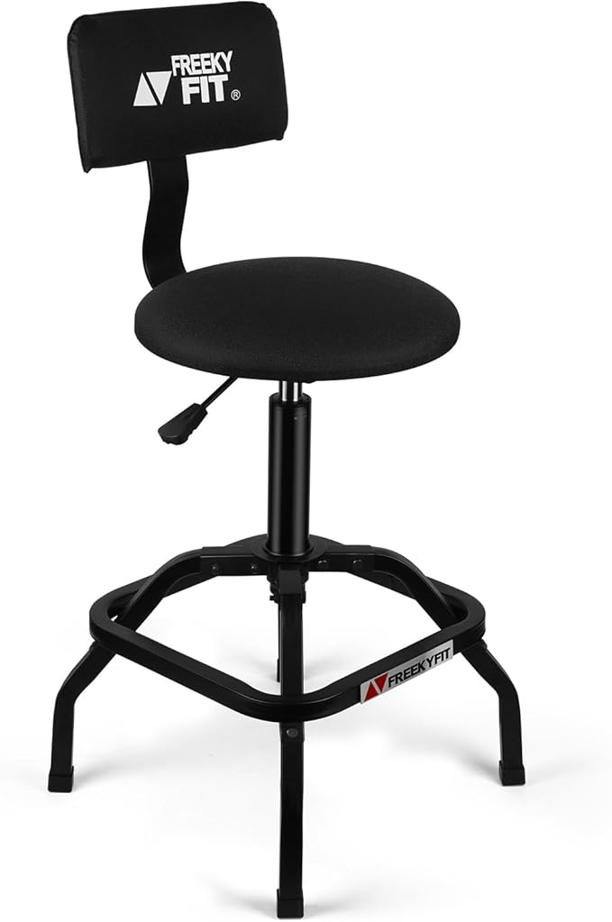 Shop Stool with Backrest, Mechanic Garage Stool for Workshop, Adjustable Shop Stools Chair, Padded Workbench Stools for Men Women, 300 LBS Capacity, 360° Swivel PVC Seat, Heavy Duty, Black