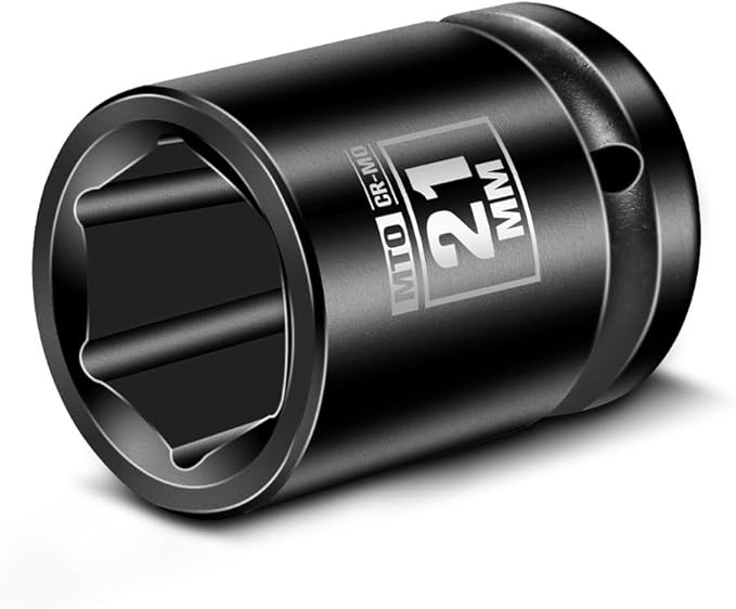 MTO 1/2" Drive 21mm Shallow Impact Socket, 6-Point Metric Socket, CR-MO Steel & Anti-Corrosion Coating for Tight Spaces and Heavy-Duty Tasks