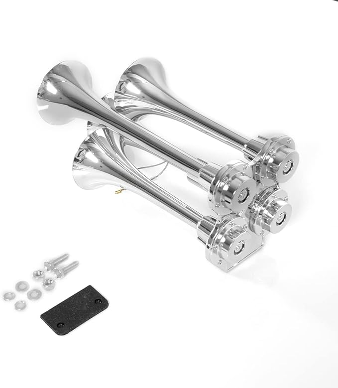 11.8/11.8/9/9 inch Universal 150DB Super Loud 12V/24V Train Air Horn Kit, 4 Trumpet Chrome Design for Trucks, Pickups, Cars, and Boats