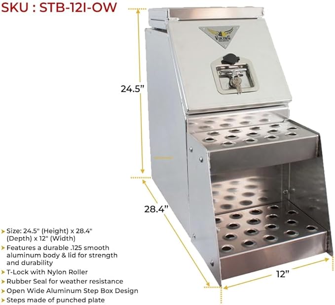 Mytee Products 24.5"x28.4"x12" Aluminum Side Mount Semi Truck Tool Box with Saddle Step Open Wide Design & T-Handle Latch Lock - Heavy Duty Weather Tight Step Tool Box for Flatbed Trailer