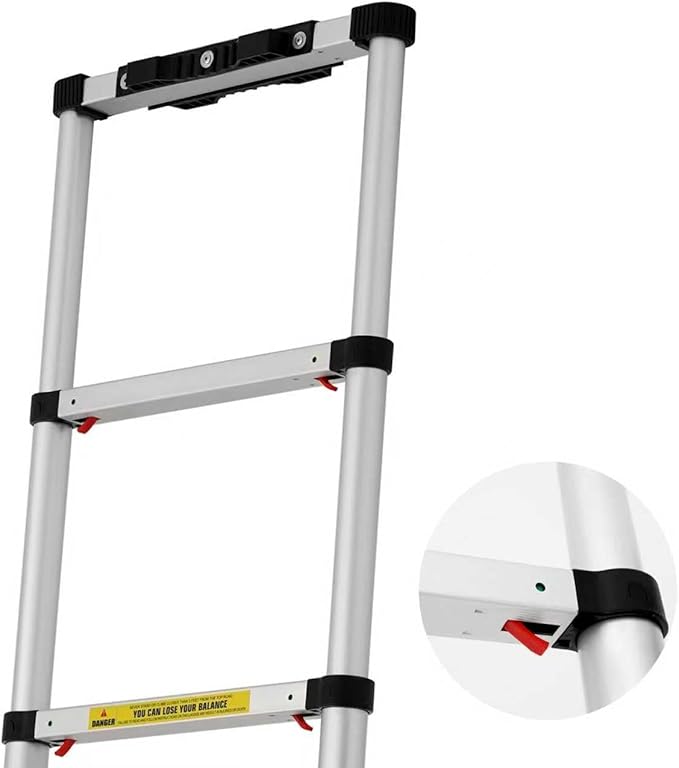 12.5 FT Aluminum Telescoping Ladder, One Button Retraction Extension Ladder, 375 lbs Load Capacity with Non-Slip Wide Feet, Compact Portable for Indoor Outdoor Use, RV, Attic and Roof Use