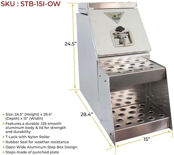 Mytee Products 24.5"x28.4"x15" Aluminum Side Mount Semi Truck Tool Box with Saddle Step Open Wide Design & T-Handle Latch Lock - Heavy Duty Weather Tight Step Tool Box for Flatbed Trailer