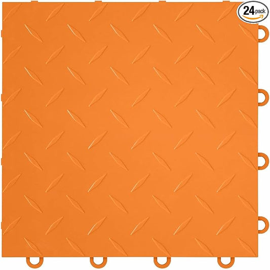 FlooringInc's Nitro 12"x12" Snap-Together Garage Floor Tiles, Non-Slip Interlocking Plastic Floor Mat, Diamond Harley Orange, 24 Tiles, 24 Sq/Ft