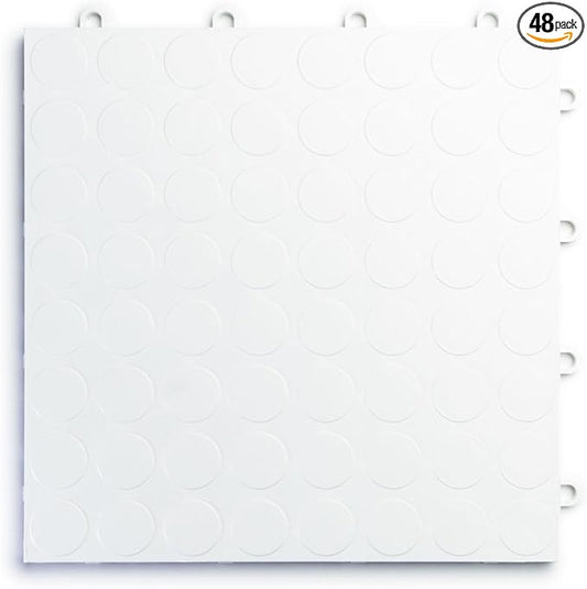 Big Floors RaceDeck CircleTrac, Interlocking Non-Slip Garage Flooring Tile, Durable, Modular, Heavy-Duty Copolymer, Easy Install (White, 48 Pack of 12 x 12" Tiles)
