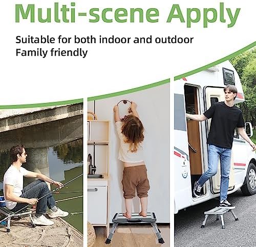 Iron RV Steps, 4-Level Adjustable Folding Step Stool with Non-Slip Rubber Feet, Non-Slip Fluorescent Strip Platform Rv Accessories, Supports Up to 1000 lbs - Gray