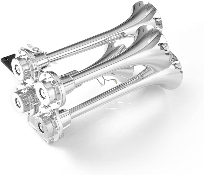 12V/24V Chrome Universal 150DB Super LoudTrain Air Horn Kit, 4 Trumpet Chrome Design for Trucks, Pickups, Cars, and Boats, 11.8/11.8/9/9 inch