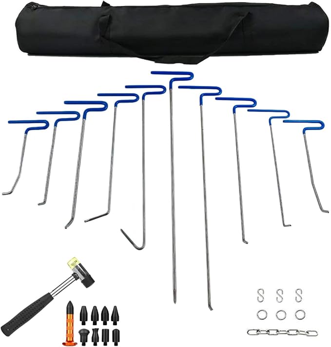 LadyRosian 28PCS Paintless Dent Removal Rods Stainless Steel Kit with Rubber Replaceable Heads Tool for Car Auto Body Dents Hail Damage Removal