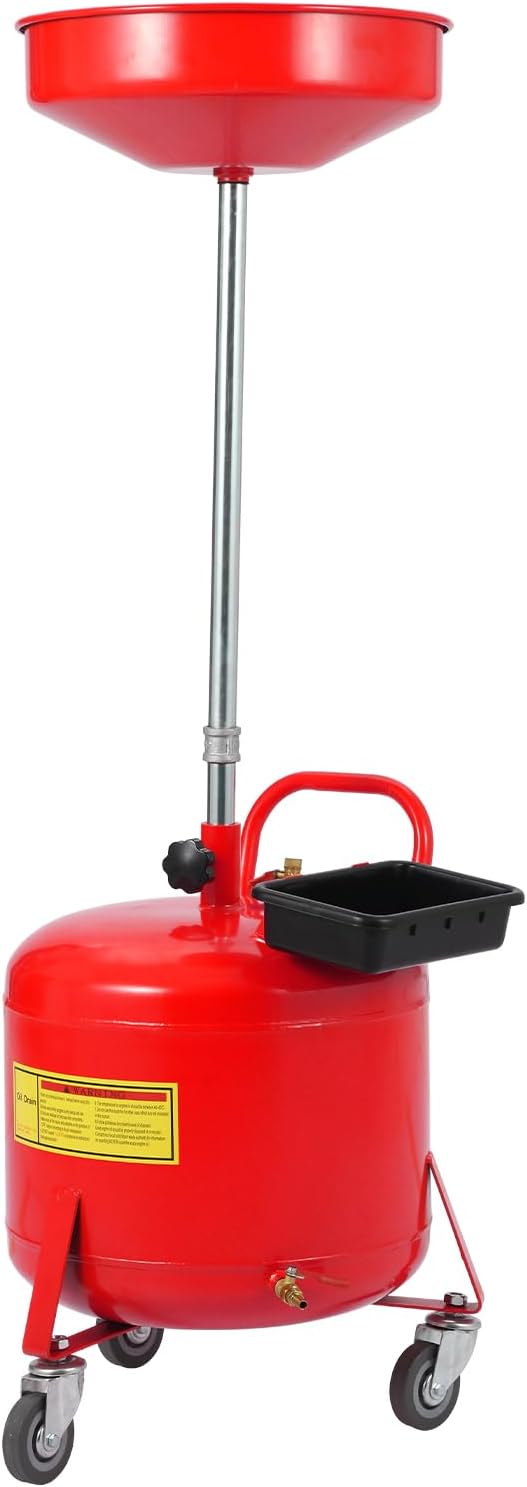 8 Gallon Waste Oil Drain Tank Portable Air Operated Oil Drainer with Adjustable Funnel Height 28 to 62 Inches 15 Inch Funnel Fluid Fuel Transfer Drain Container with 360 Degree Wheels and Toolbox Red