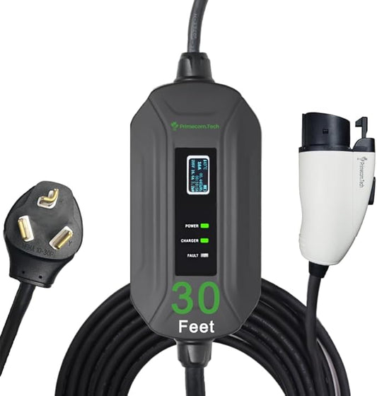 PRIMECOM Level 2 Electric Vehicle (EV) Charger (220V / 240Volt, 16Amp) Portable EVSE Smart Electric Car Charger, 30', 40', and 50 Feet Lengths (30 Feet, 10-30P)
