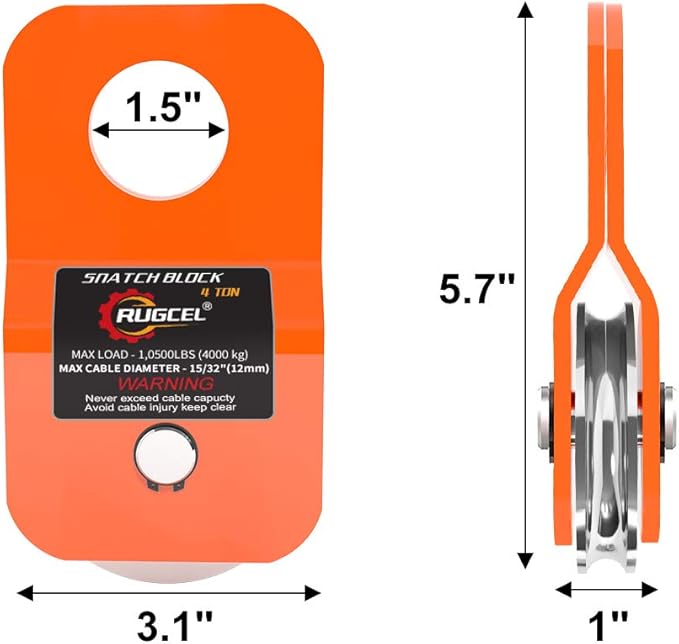 RUGCEL WINCH 4.8T Heavy Duty Recovery Winch Snatch Block,10500lb Capacity (Orange),Towing Pulley System for Synthetic Rope or Steel Cable
