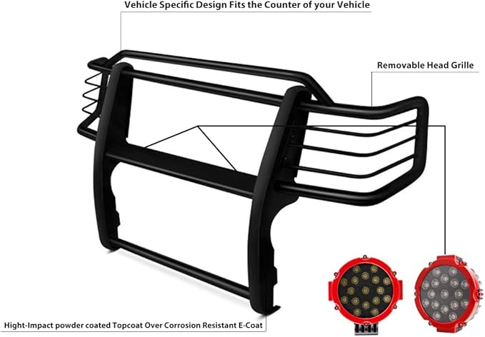 Black Horse Grille Brush Bumper Guard Modular Black Come with Pair of 7.0" Dia.LED Lights with Red Trim Rings Compatible with 1996-1998 Toyota 4Runner|1998-2000 Toyota Tacoma-17T80202MA-PLR