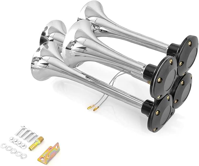 150DB 4 Trumpet Truck Air Horn Kit, 12V/24V Universal Heavy Duty Horn for Car, Truck, Train, Boat, Loud Warning Sound for Safety