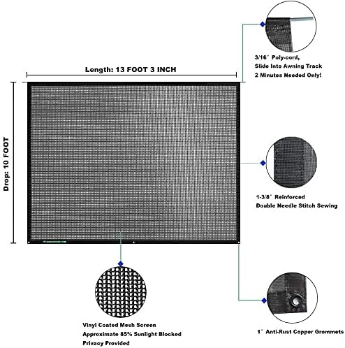 Tentproinc RV Awning Sun Shade Screen 10' X 13' 3'' (Fit for 14' Awning) Mesh Screen Sunshade Camper Trailer Motorhome Awning Sunscreen UV Blocker Complete Kits - 3 Year Warranty (Black)