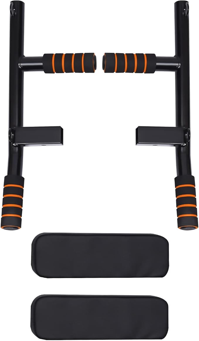 Wall Mounted Pull Up Bar, Adjustable Dip Station with PU Backrest & Anti-Slip Grips, Heavy Duty 440lbs Capacity Chin Up Bar for Home, Gym