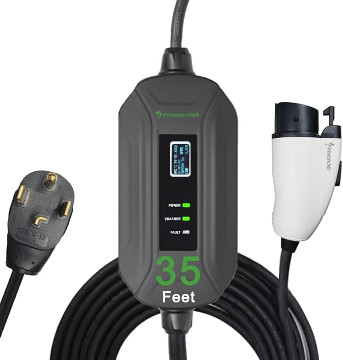 PRIMECOM Level 2 Electric Vehicle (EV) Charger (220V / 240Volt, 16Amp) Portable EVSE Smart Electric Car Charger, 30', 40', and 50 Feet Lengths (NEMA 14-30P, 35 Feet)