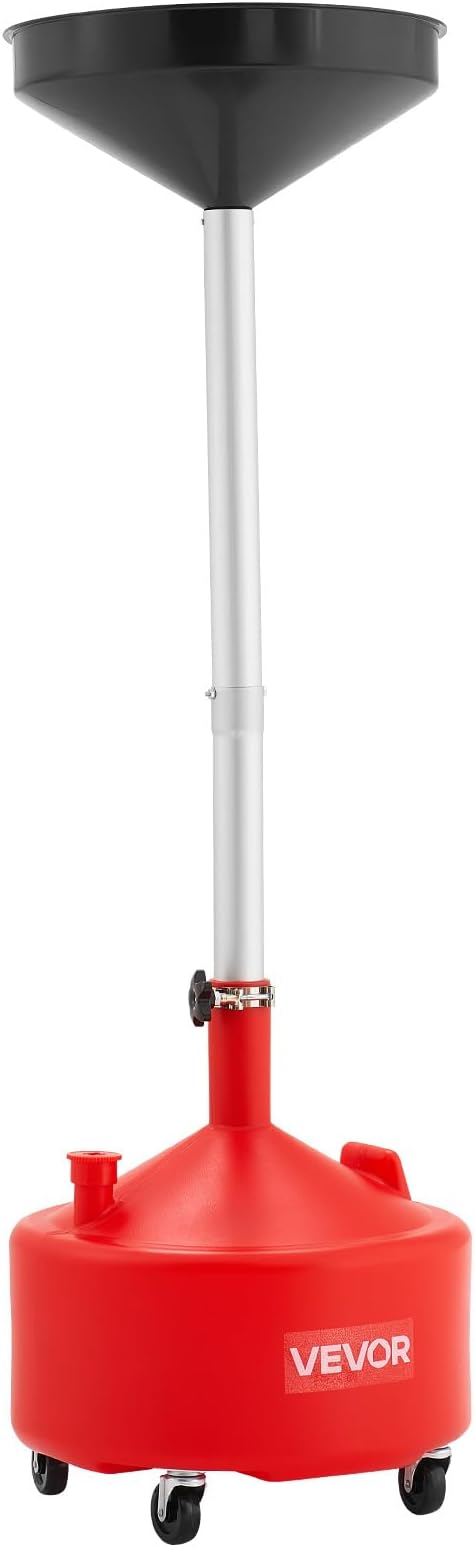 VEVOR 8 Gallon Waste Oil Drain Tank, Industrial Fluid Drain Tank with Adjustable Funnel Height, Portable Oil Drainer with Wheels, Fluid Fuel Transfer Drainage for Auto Repair Shops, Garages, Red