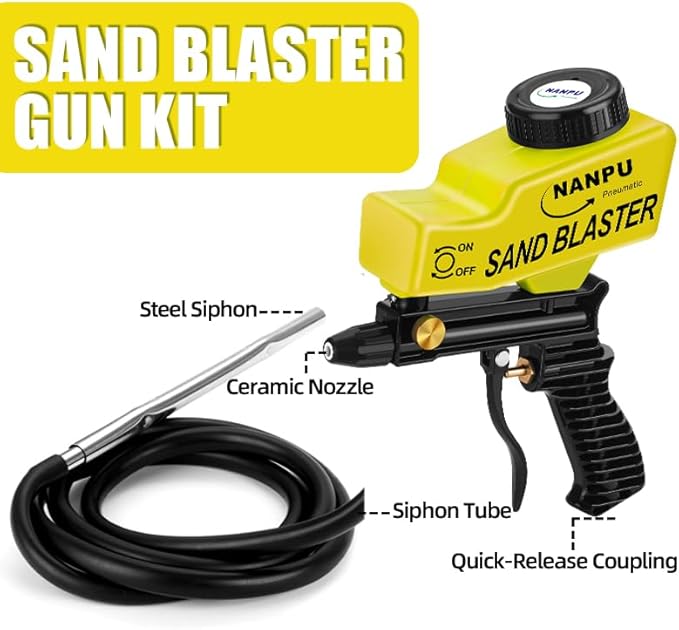 NANPU Light-Duty Air Sandblaster Gun Kit with Siphon & Gravity Feed, Ceramic Nozzle, Metal Body, for Small Project Surface Prep, Paint & Rust Removal, Metal/Wood/Glass Etching, Requires Air Compressor