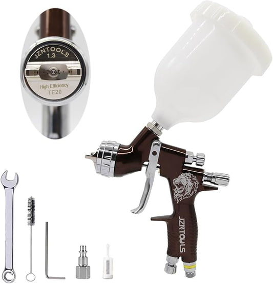 TE20 HVLP Air Spray Gun 1.3mm Nozzles, Car Paint Gun Sprayer,Forged Body, Anodised Finish，Paint Gun for Varnish and Top Coat, with Paint Sprayer Accessories (Brown)