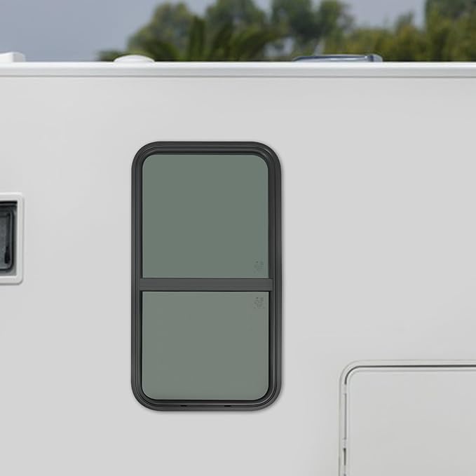 RV Window, Teardrop Vertical Slide Black RV Window, 18" W x 35" H Vertical Sliding Window Camper Trailer Window Vertical Sliding Replacement Glass W/Trim Ring