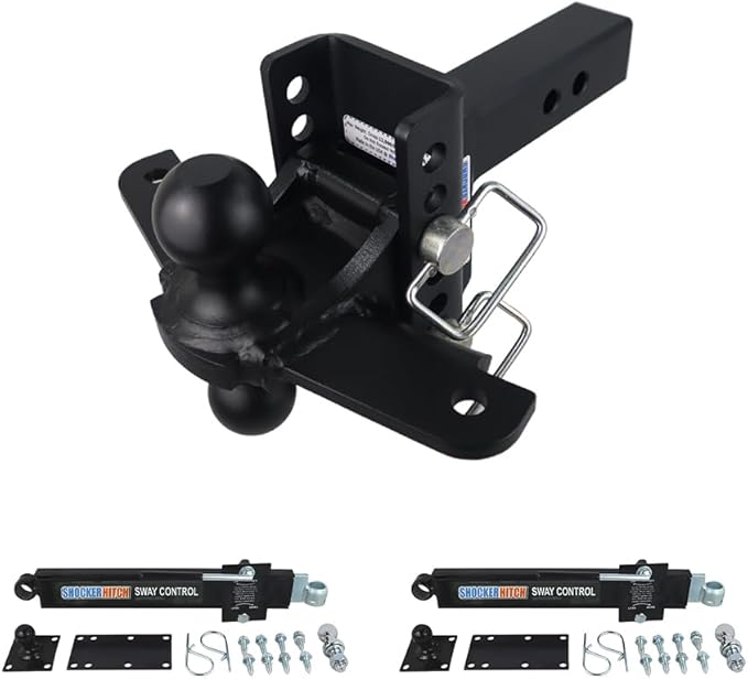 Shocker XR Adjustable Hitch w/Black Combo Ball & Sway Control Towing Kit, Fits 2" Hitch 8 Hole 2 Sway Arms Fits 2" Hitch 8 Hole Frame, Has 2 Sway Arms