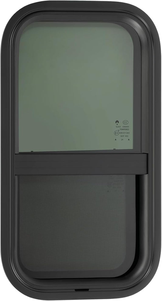 RV Window, 22" X 12" Universal RV Window Vertical Slide W/Trim Ring, Vertical Sliding Glass Window with Screen Window for Cargo, Horse Trailer, Marine Camper Window Replacement (12”x22”)