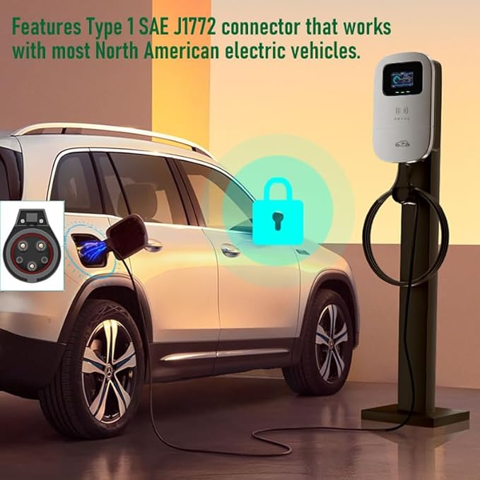 Smart EV Level 2 Charger, Electric Vehicle Charging Station, 110V-240V 32A Home Charger with LCD Display, Type 1 SAE J1772 Wall Connector, Hardwired Charger for Electric Car