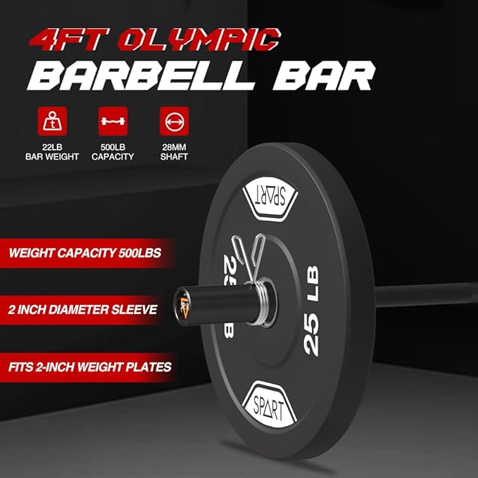 4FT Olympic Barbell Bar, 47Inch Straight Weight Bar with 2 Collars, Solid Olympic Bar with Bearings, 500Lbs Capacity Weightlifting Bar for Home Gym Strength Training, Suitable for 2 Inch Plates