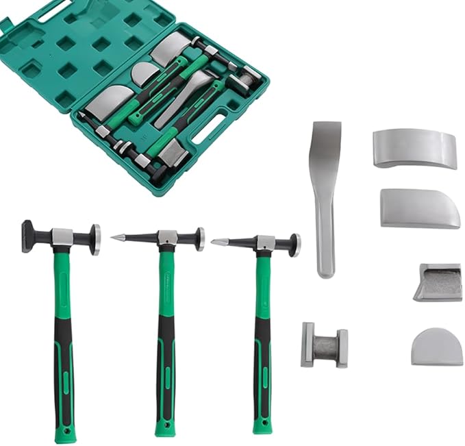 CNCEST 9 Pcs Auto Body Hammer and Dolly Kit, Fender Repair Tool Dent Remover Tool Dent Remover Tool w/Hammer and Dolly, Car Sheet Metal Shaping Movable Auto Body Repair Tool Hammer Dolly Set