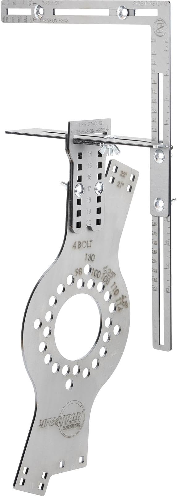 Speedway Motors WheelWise™ 4-Lug Wheel Fitment Tool with Tire Size Attachment, Simulates 14-22 Inch Rim Diameter, 8-14 Inch Tire Width, 2.5-11.5 Inch Sidewall, Laser Cut Steel